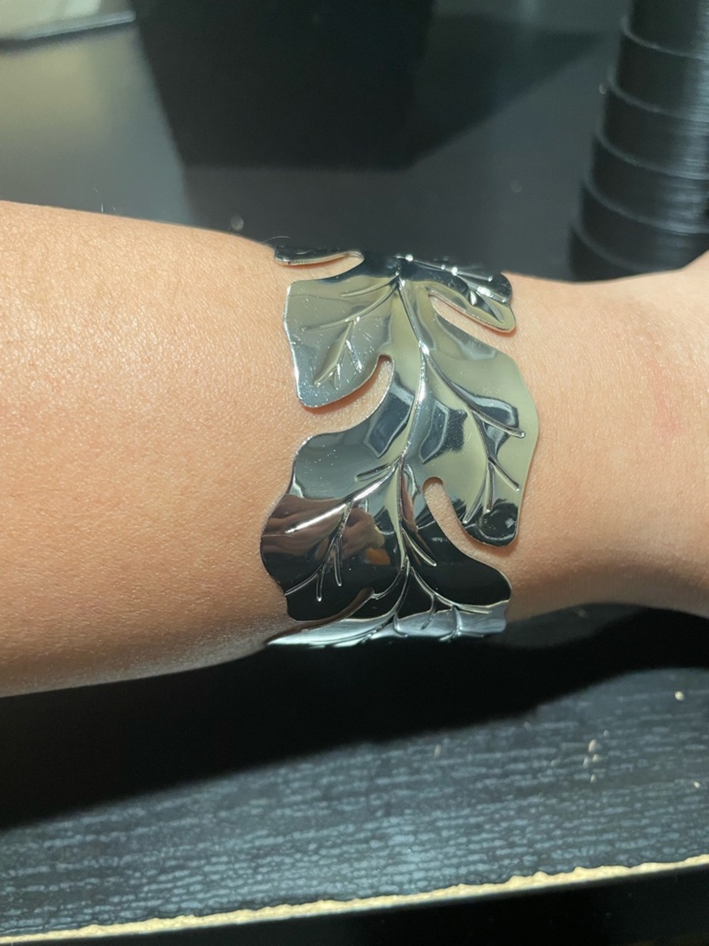 Silver Leaf Cutout Cuff Bracelet